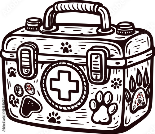 Animal themed first aid kit with paw prints and medical cross design.