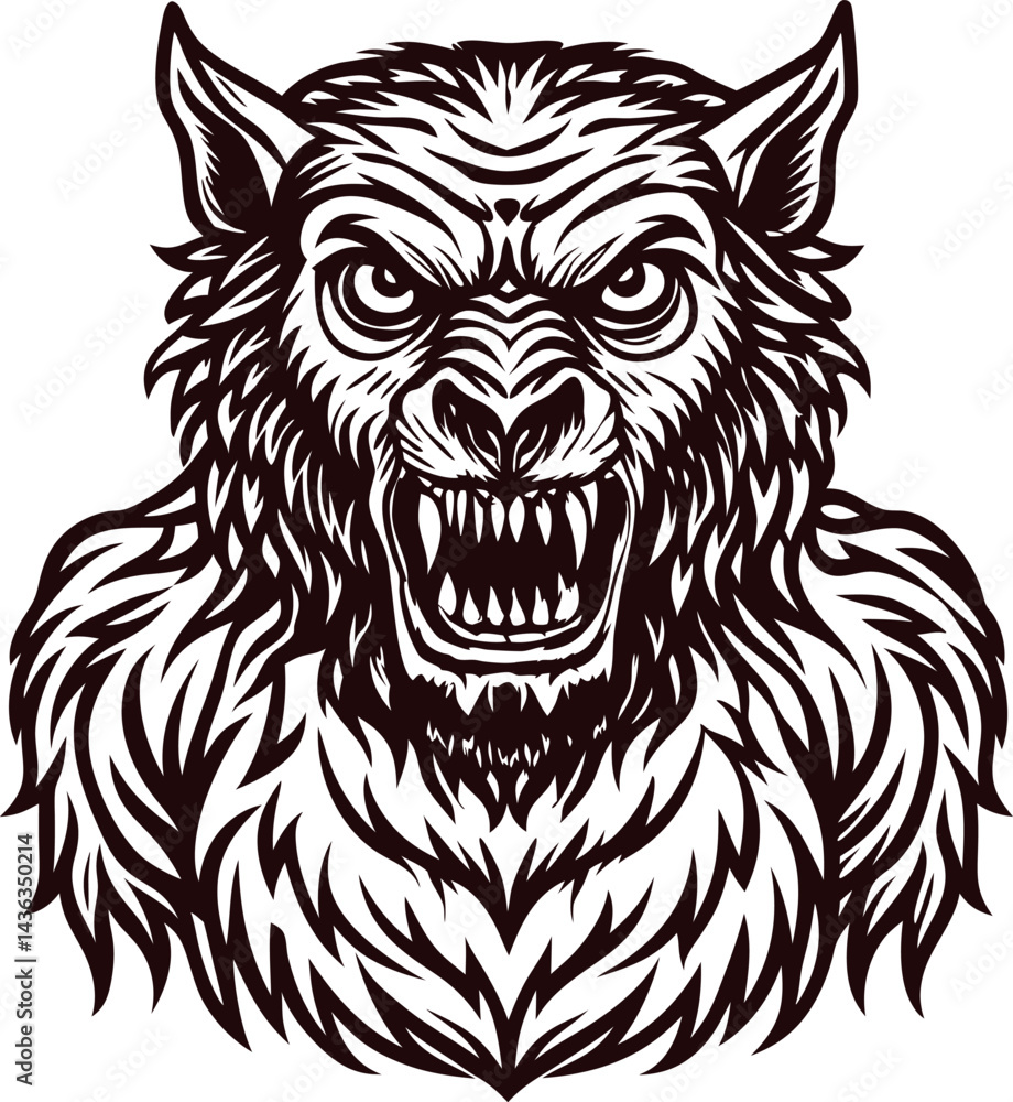 Obraz premium Fierce werewolf with sharp fangs and intense expression in monochrome.