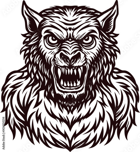 Fierce werewolf with sharp fangs and intense expression in monochrome.