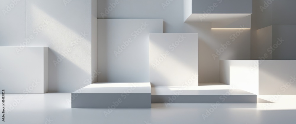 ethereal light passing through white boxes in minimalistic room ethereal light passing through white boxes in minimalistic room