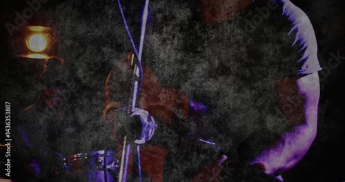 bandmates performing on club stage, with animated music notes and waveform graphics