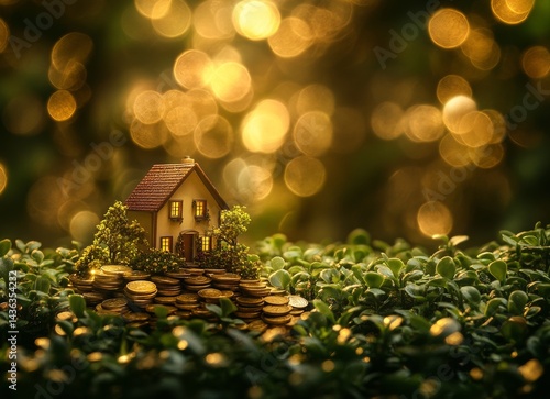 Wallpaper Mural Atop a heap of gold coins, a miniature house is situated, signifying financial growth, with emerging plants introducing a natural and thriving aspect against a softly focused backdrop Torontodigital.ca