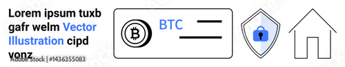 Bitcoin wallet icon, shield with a padlock, and a house symbolizing cryptocurrency, online security, digital transactions, privacy, fintech, smart living and home management. Ideal for crypto