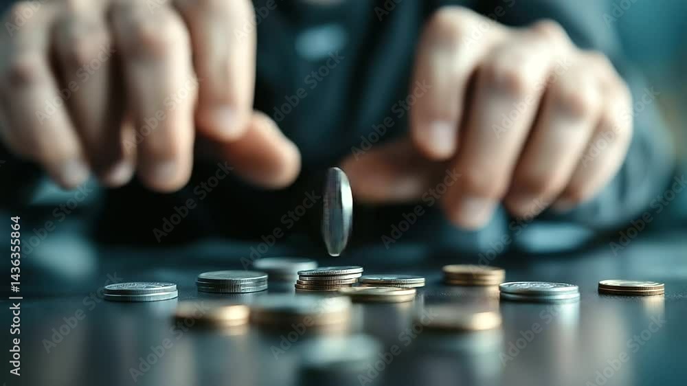 A close-up of falling coins onto a desk, symbolizing financial instability, with a blurred image of a stressed man behind them. A close-up of falling coins onto a desk, symbolizing financial instability, with a blurred image of a stressed man behind them.