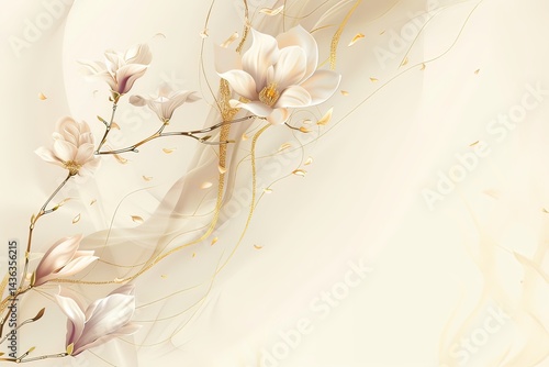 Golden magnolia branches on elegant light blue background. Wedding invitations, greeting cards, wallpaper, background, printing