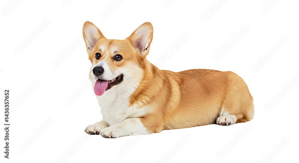 Calm Pembroke Welsh Corgi Dog Lying Down Relaxed Soft Coat Isolated White Background Full Body Pet Portrait Calm Pembroke Welsh Corgi Dog Lying Down Relaxed Soft Coat Isolated White Background Full Body Pet Portrait