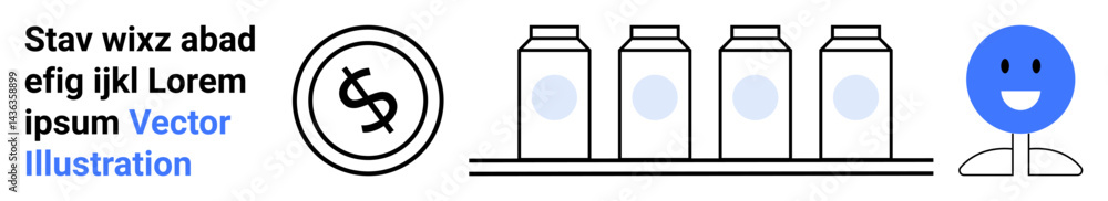 Fototapeta premium Smiling face beside four jars on a shelf and circular icon with money symbol. Ideal for financial education, economy, savings, organization, budgeting, positivity, abstract line flat metaphor