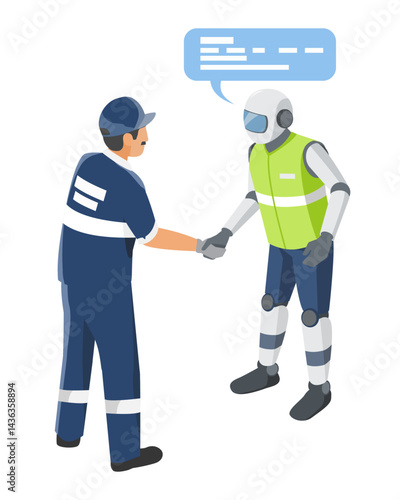 Experienced technician embracing AI assistance to learn and adapt to new industrial technologies for future innovation and growth isometric