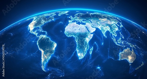 The globe is represented in a futuristic style, with glowing blue and orange lights, and encircled by digital patterns of lines and circles on a dark backdrop