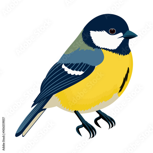 Blue tit with yellow breast isolated on white or transparent background. Vector illustration. Single element for decoration of postcards and backgrounds design. Small bright bird.