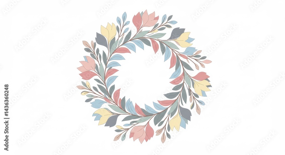 Obraz premium Pastel Floral Wreath A delicate circle of blossoms and leaves