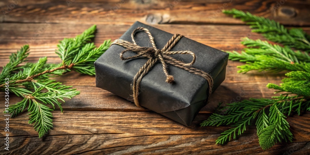 A simply wrapped dark present sits on a rustic wooden surface, adorned with vibrant evergreen sprigs A simply wrapped dark present sits on a rustic wooden surface, adorned with vibrant evergreen sprigs