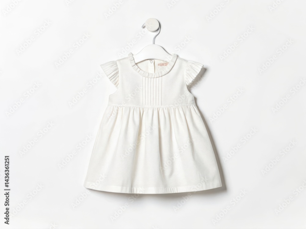 Baby Girl Dress Mockup. A cute white dress for infants displayed on a hanger against a plain background. Baby Girl Dress Mockup. A cute white dress for infants displayed on a hanger against a plain background.