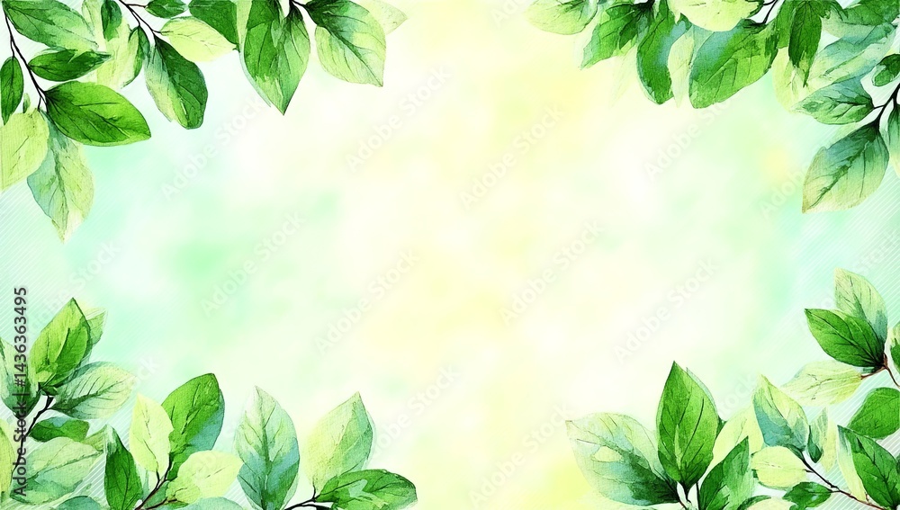 A frame of light green leaves on the edges, empty space in the center for text, watercolor style, A frame of light green leaves on the edges, empty space in the center for text, watercolor style,