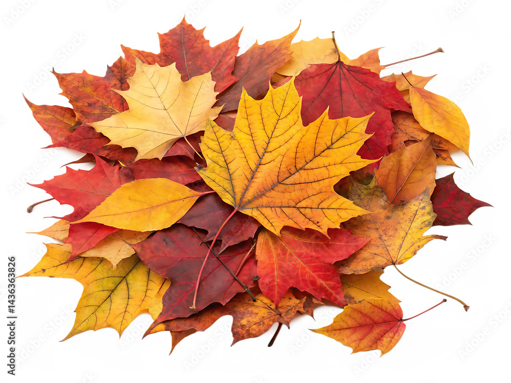 Fototapeta premium pile of autumn leaves isolated on white background, PNG