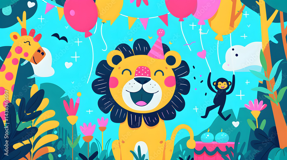 Obraz premium Playful jungle animal birthday party scene with balloons and festive details