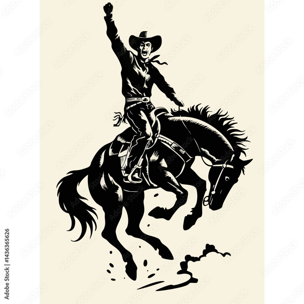 Fototapeta premium Vintage Cowboy Silhouette on Bucking Horse - Western Rodeo Art - Wild West Cowboy Illustration - Rodeo Cowboy on Horseback 