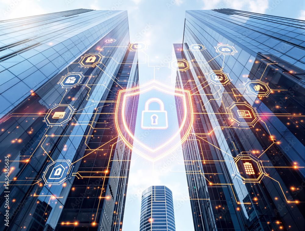 Obraz premium Futuristic cybersecurity shield and tech network interface on modern skyscrapers background, concept of secure digital infrastructure and data protection, Ai generative