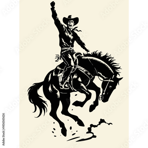 Vintage Cowboy Silhouette on Bucking Horse - Western Rodeo Art - Wild West Cowboy Illustration - Rodeo Cowboy on Horseback 