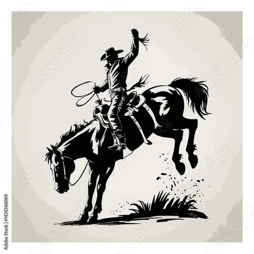 Vintage Cowboy Silhouette on Bucking Horse - Western Rodeo Art - Wild West Cowboy Illustration - Rodeo Cowboy on Horseback 
