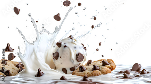 A chocolate chip cookie is floating in a splash of milk