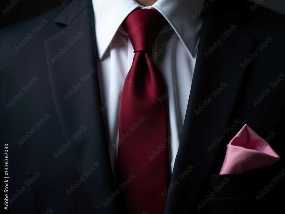 Close-up of Elegant Black Suit with Red Tie and Pink Pocket Square. Close-up of Elegant Black Suit with Red Tie and Pink Pocket Square.