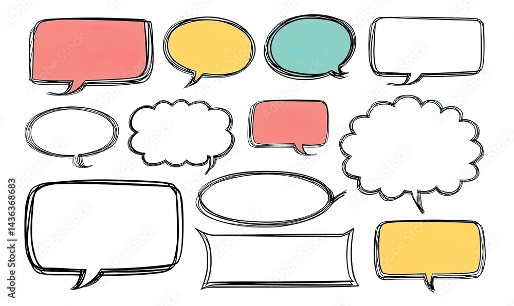 Obraz premium A set of speech bubbles in various shapes, simple vector line art style, white background, simple
