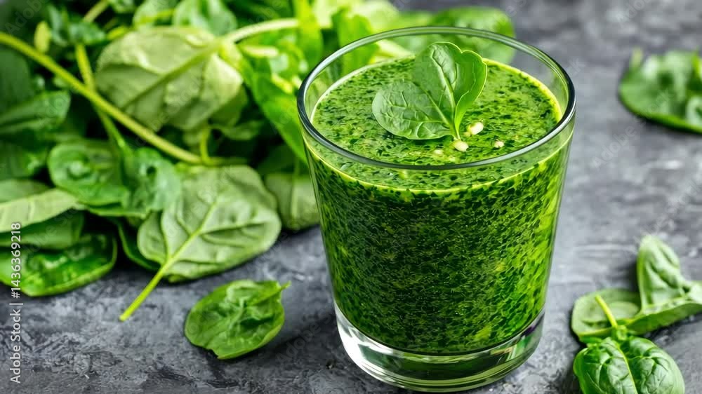 Green smoothie made with fresh baby spinach leaves promoting healthy lifestyle Green smoothie made with fresh baby spinach leaves promoting healthy lifestyle