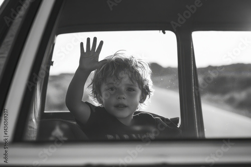 Young boy waving from car window, excitedly smiling. Green trees whizz by, sunny day. Joyful moment captured in motion.