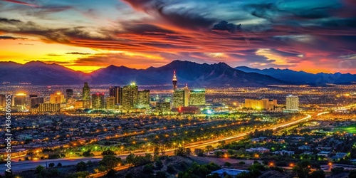 Las Vegas Strip Panorama Sunset, Green Mountains Skyline