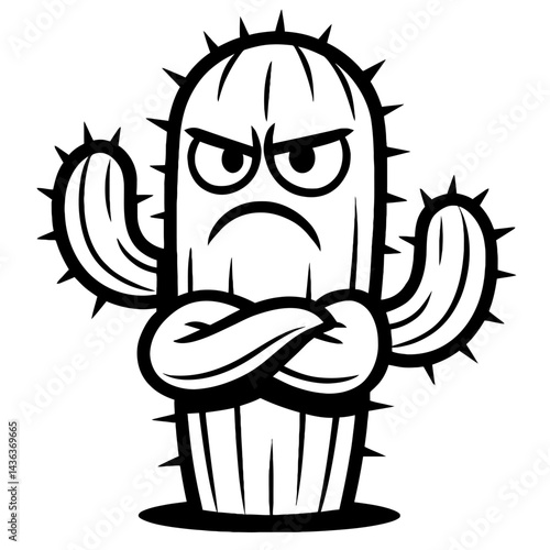 Angry Cartoon Cactus Character - Black and White Illustration for Moods, Toughness, Plants, or Graphic Themes