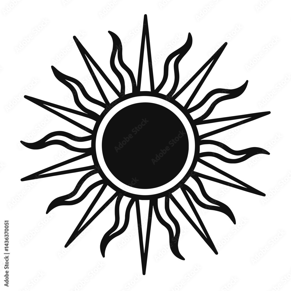 Vector illustration of a stylized sun with radiating rays in black and white. Represents light and energy. Vector illustration of a stylized sun with radiating rays in black and white. Represents light and energy.