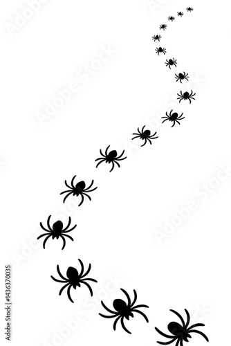 Vector illustration of a curved trail of black spider silhouettes decreasing in size on a white background. Represents movement or a path of spiders.