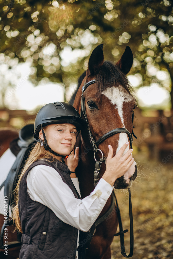 Obraz premium A young female equestrian stands near her horse and prepares for a competition.