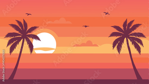 Tropical beach paradise with palm trees, gentle sea waves, and a summer resort glowing under a warm sunset sky.