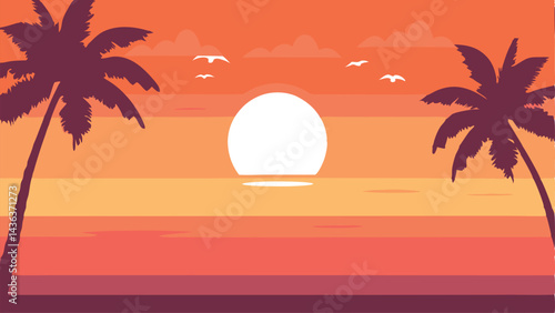 Seaside tropical resort with palm trees and ocean, framed by a stunning sunset and drifting clouds.