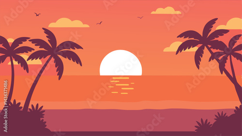 Palm trees along a tropical beach, ocean waves crashing, and a summer resort glowing under a colorful sunset sky with clouds.