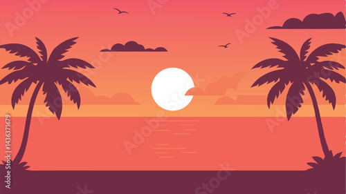 Tropical beach scene with palm trees and sea, featuring a sunset sky filled with soft clouds over a summer resort.