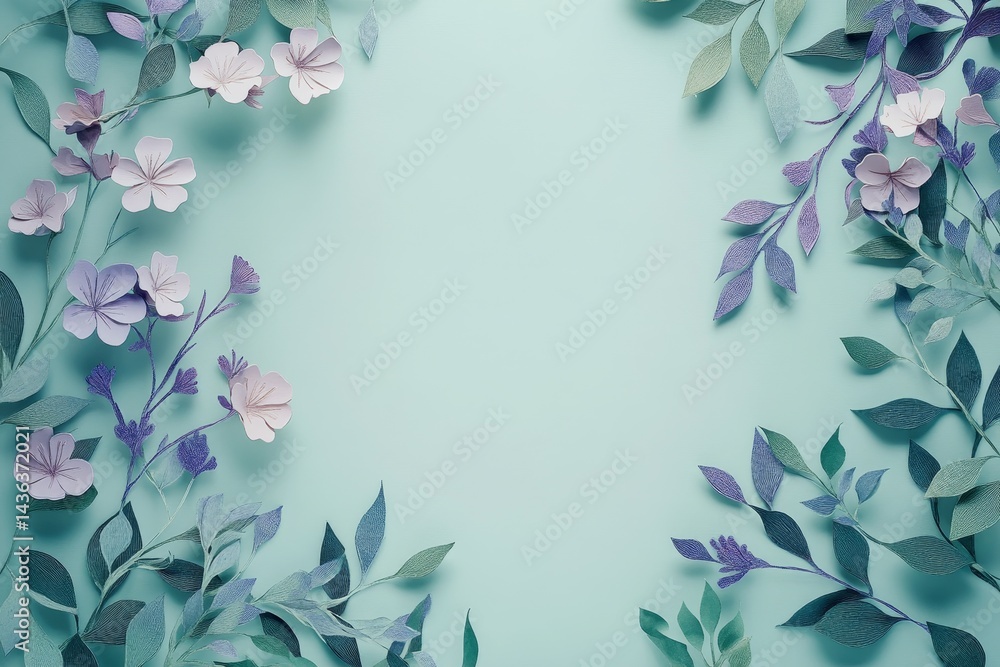 Delicate paper flowers and leaves frame a pastel background. Delicate paper flowers and leaves frame a pastel background.