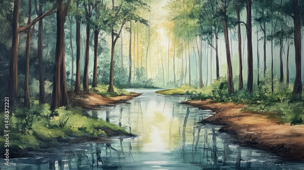 Obraz premium Serene riverside forest painted in soft light, evoking a sense of peace and tranquility