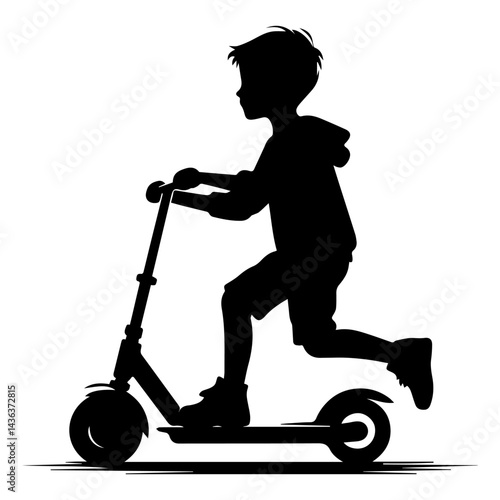 A black and white silhouette of a boy riding a child's scooter on a white isolated background. Vector graphics. EPS.