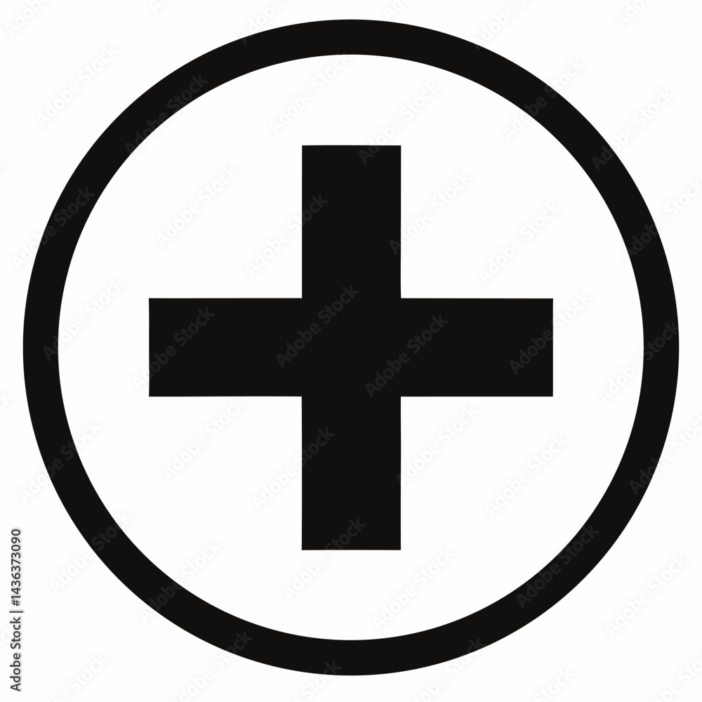 Plus in circle, black vector on white background. Plus in circle, black vector on white background.