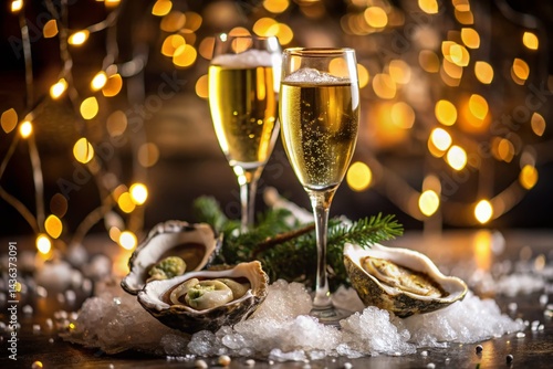 Luxurious New Year's Eve Dinner: Champagne, Oysters, Ice Top View