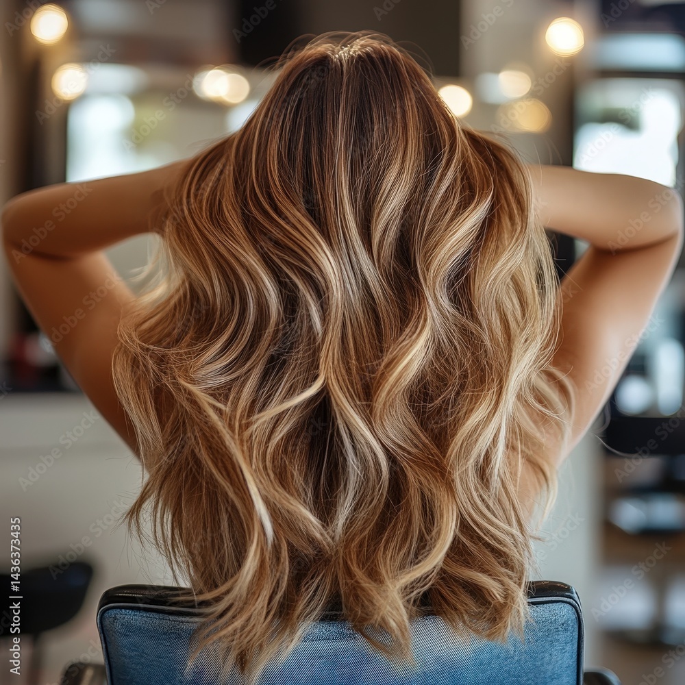 Fototapeta premium A rear view of a woman displaying her beautifully styled long wavy hair with balayage highlights. 