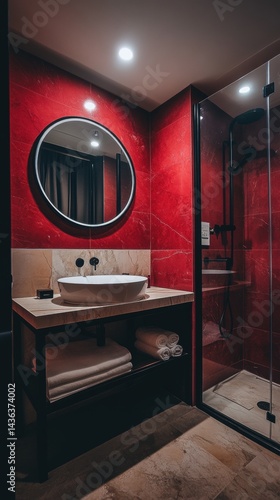 Wallpaper Mural Stylish bathroom interior featuring a round mirror, vessel sink, fresh towels, and glass shower enclosure with vibrant red marble tiles Torontodigital.ca