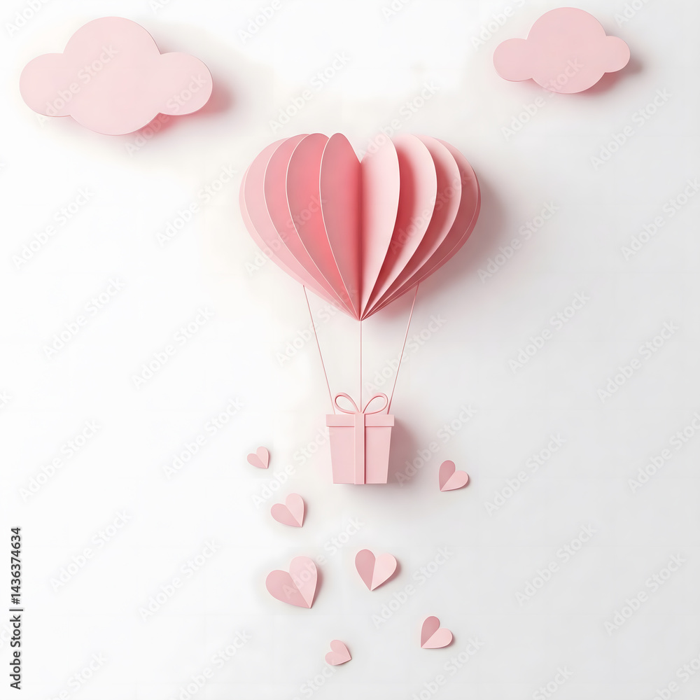 Fototapeta premium A paper-crafted pink heart balloon carries a gift, releasing small hearts under paper clouds. Generative AI.
