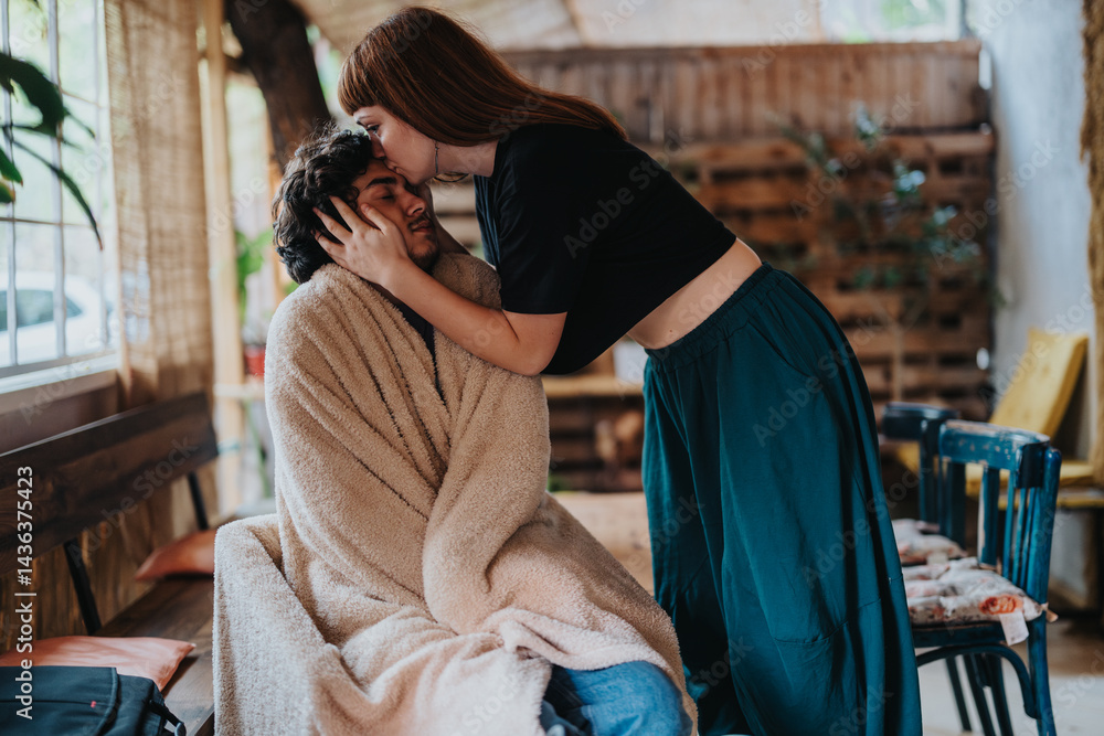 Fototapeta premium A caring woman gently kisses a man wrapped in a blanket, offering comfort in a warm setting. The scene exudes warmth, affection, and support, highlighting a tender moment of care.