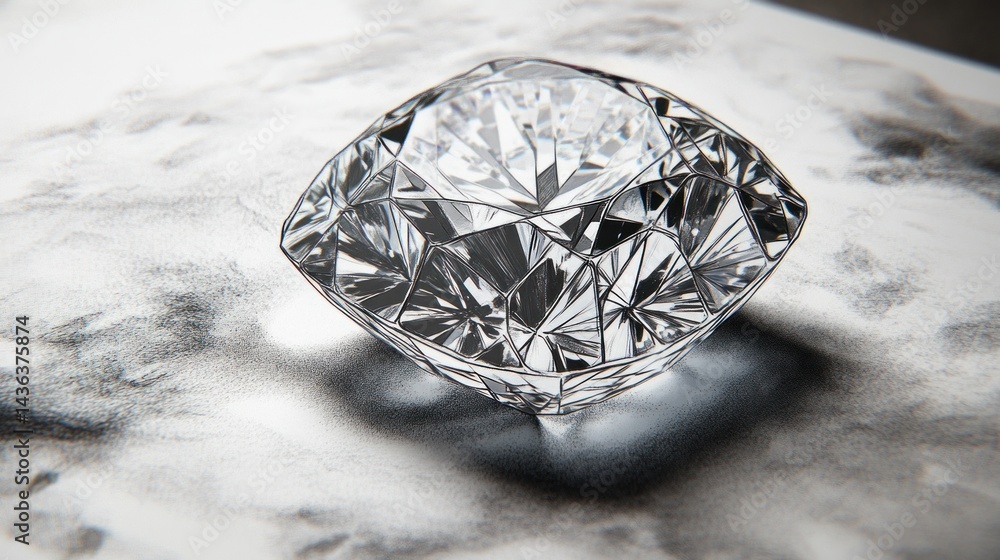Faceted diamond on marble, reflecting light, for luxury, finance, or investment ads Faceted diamond on marble, reflecting light, for luxury, finance, or investment ads