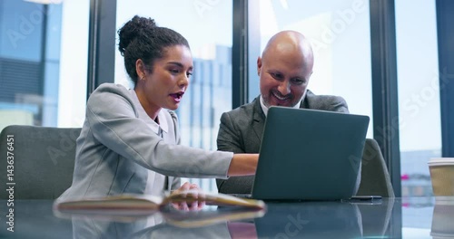 Coaching, laptop and meeting with business people in office for corporate treasurer, company liquidity and investment. Portfolio manager, planning and capital funds with employees in financial firm