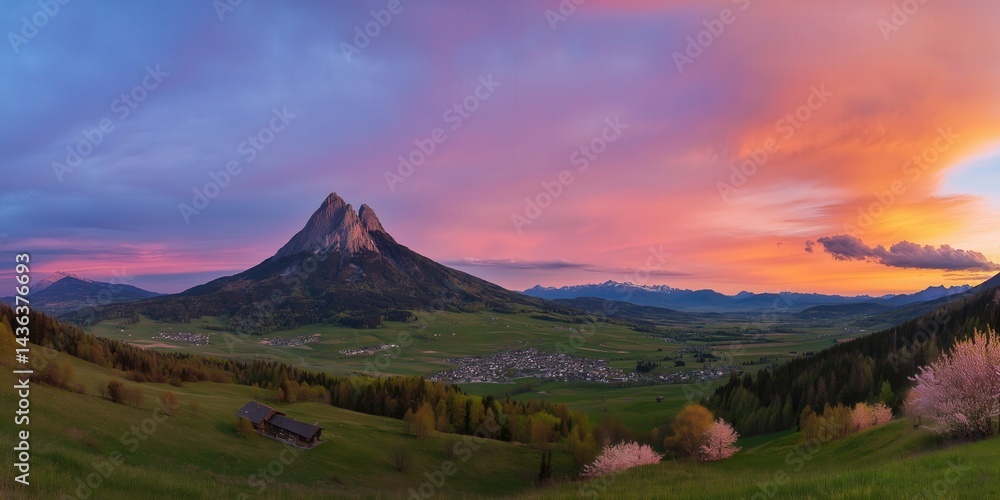 Naklejka premium Happy woman standing with her back on sunset in nature . Panoramic view of a colorful sunset created by ai